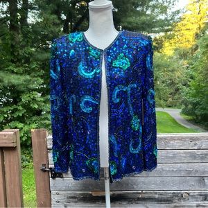 Vintage Laurence Kazar full Sequin and Beaded Blue and Green Silk Blazer Jacket